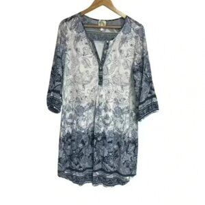 Fig And Flower Women Sz L Multicolor Floral Print 3/4 Sleeve Button Tunic Dress